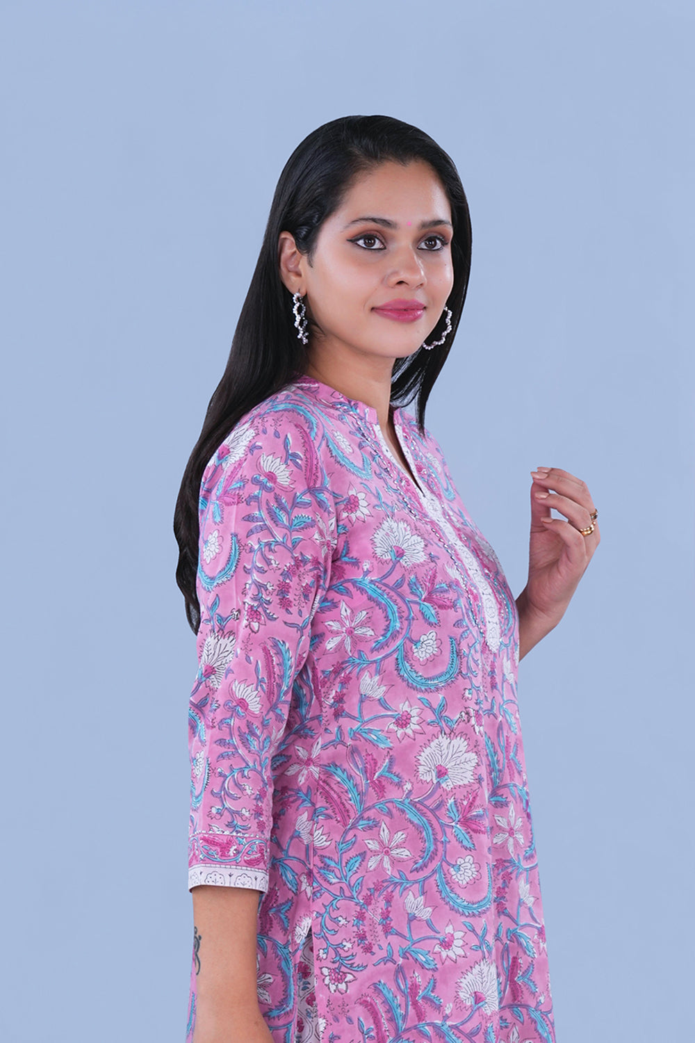 Image of Lilac Pink hand block printed cotton Kurta and pants set