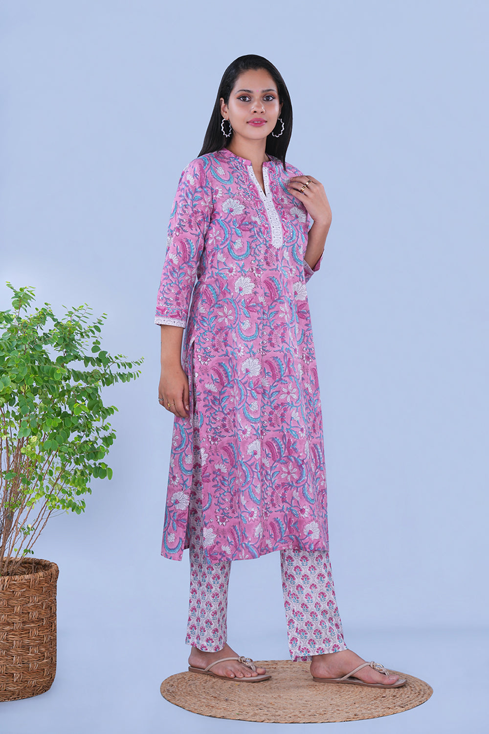 Image of Lilac Pink hand block printed cotton Kurta and pants set