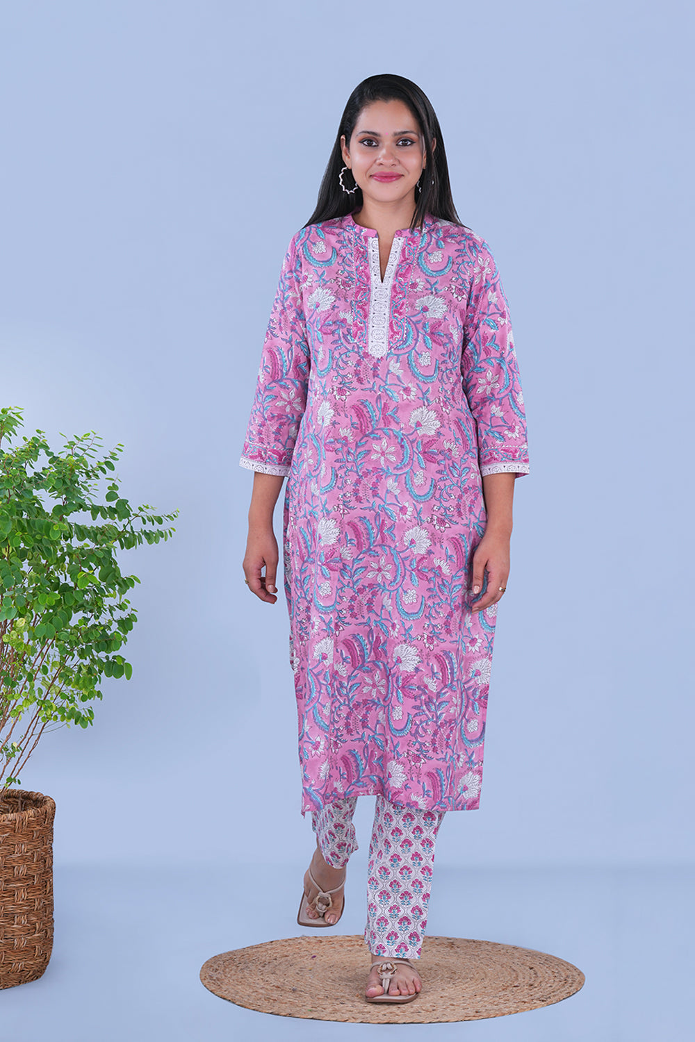 Image of Lilac Pink hand block printed cotton Kurta and pants set