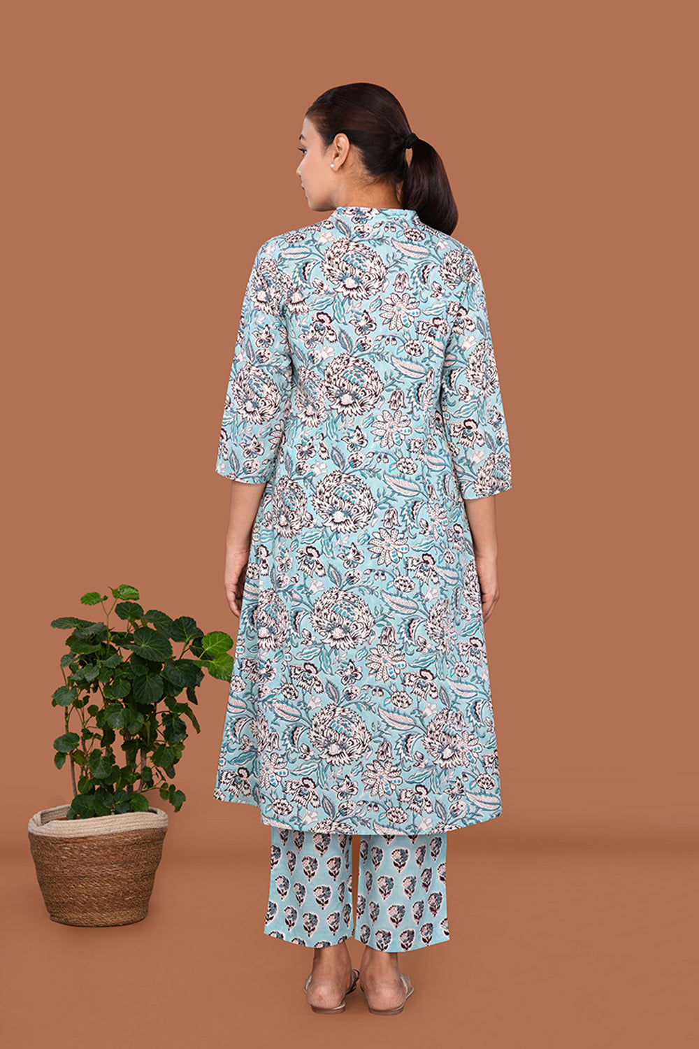 Image of Sea Blue Block printed cotton Kurta