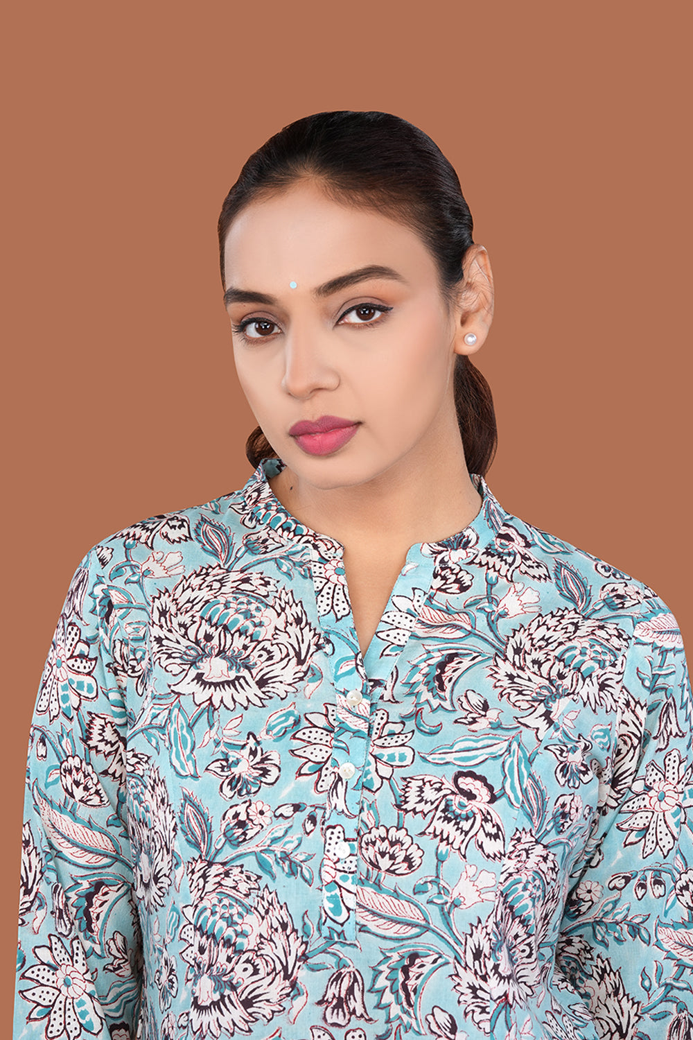 Image of Sea Blue Block printed cotton Kurta