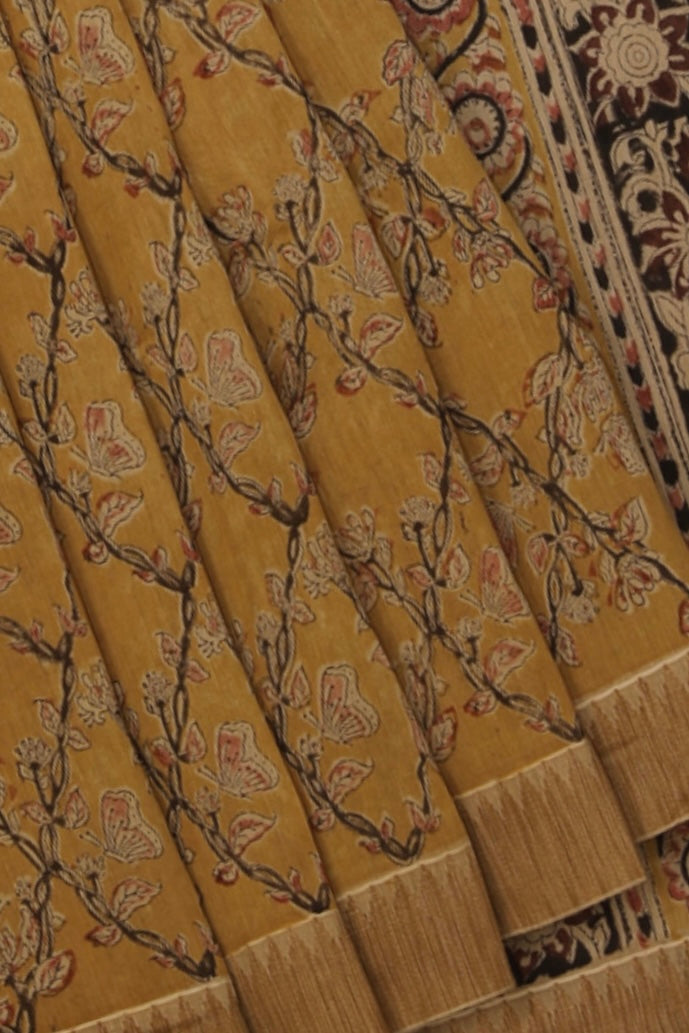 Mustard  Kalamkari Chanderi Saree