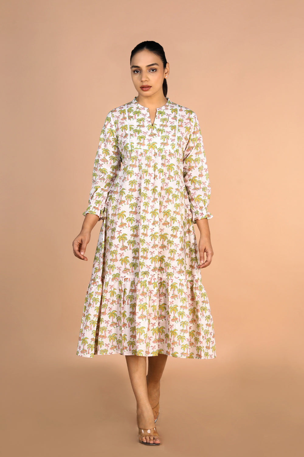 Image of Off - white Cotton Handblock printed Tiered dress