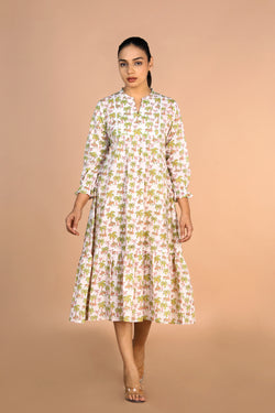 Image of Off - white Handblock printed Tiered dress