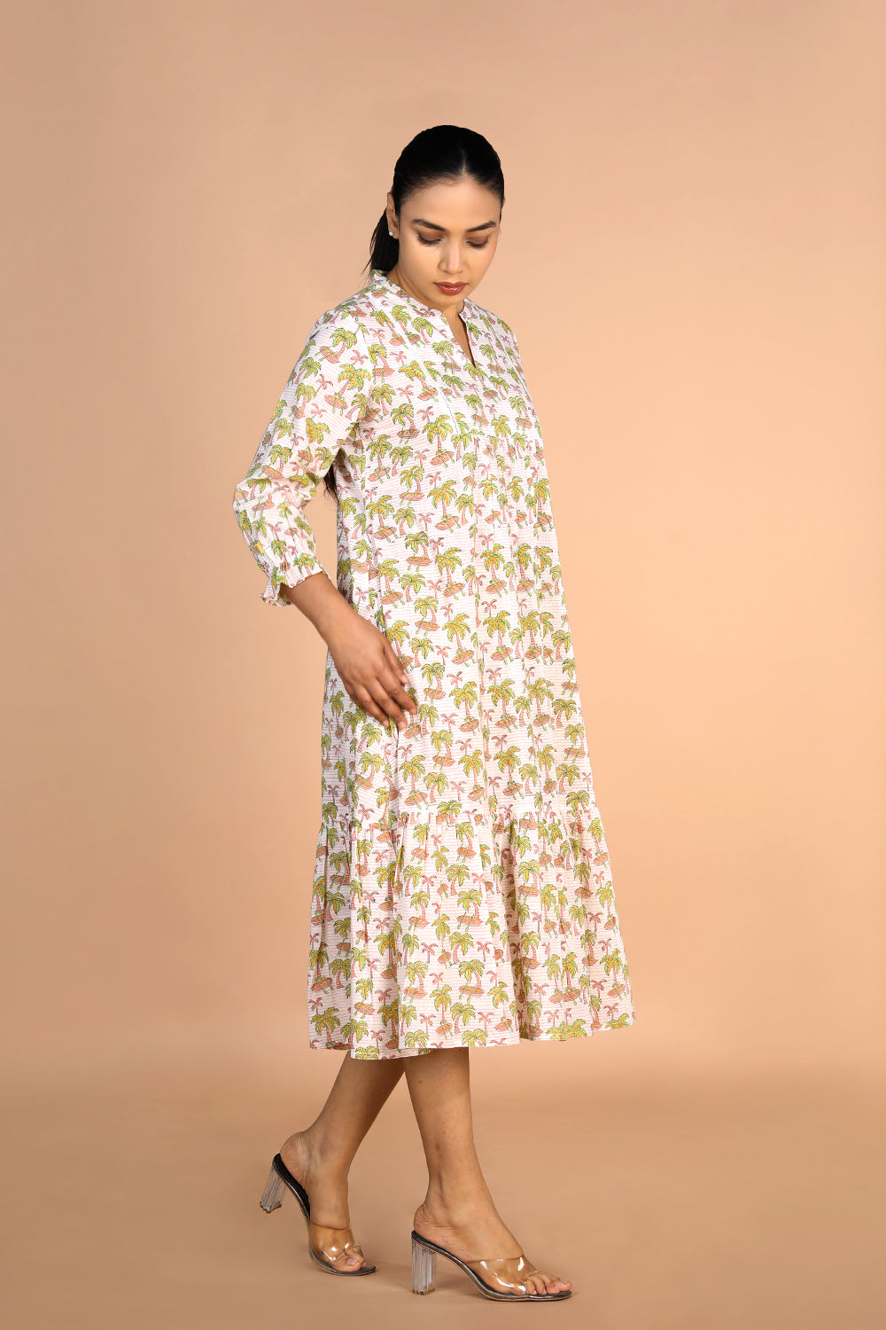 Image of Off - white Cotton Handblock printed Tiered dress
