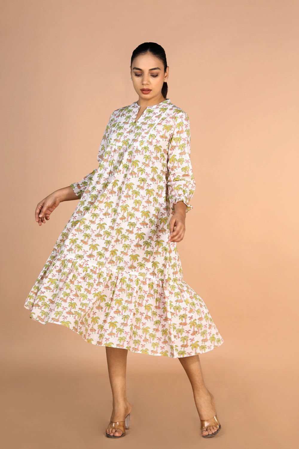 Image of Off - white Cotton Handblock printed Tiered dress