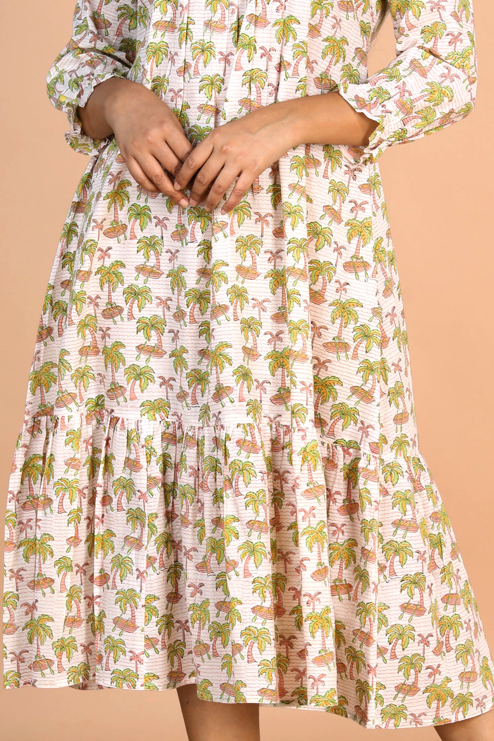 Image of Off - white Cotton Handblock printed Tiered dress