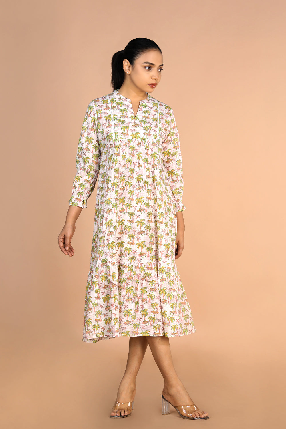 Image of Off - white Cotton Handblock printed Tiered dress