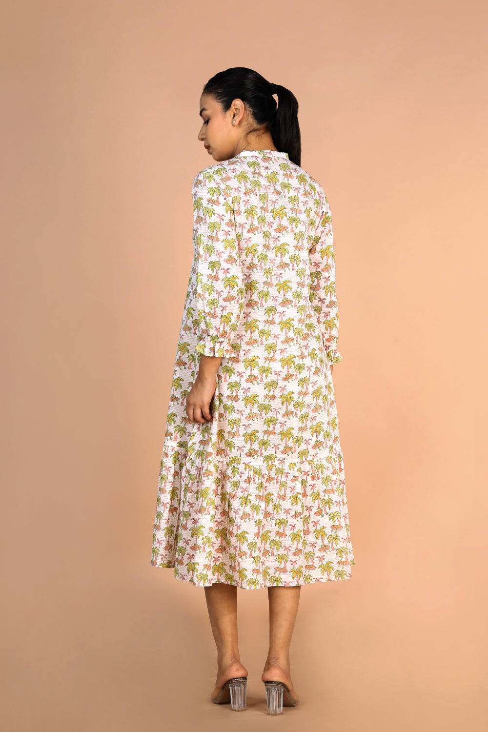 Image of Off - white Cotton Handblock printed Tiered dress