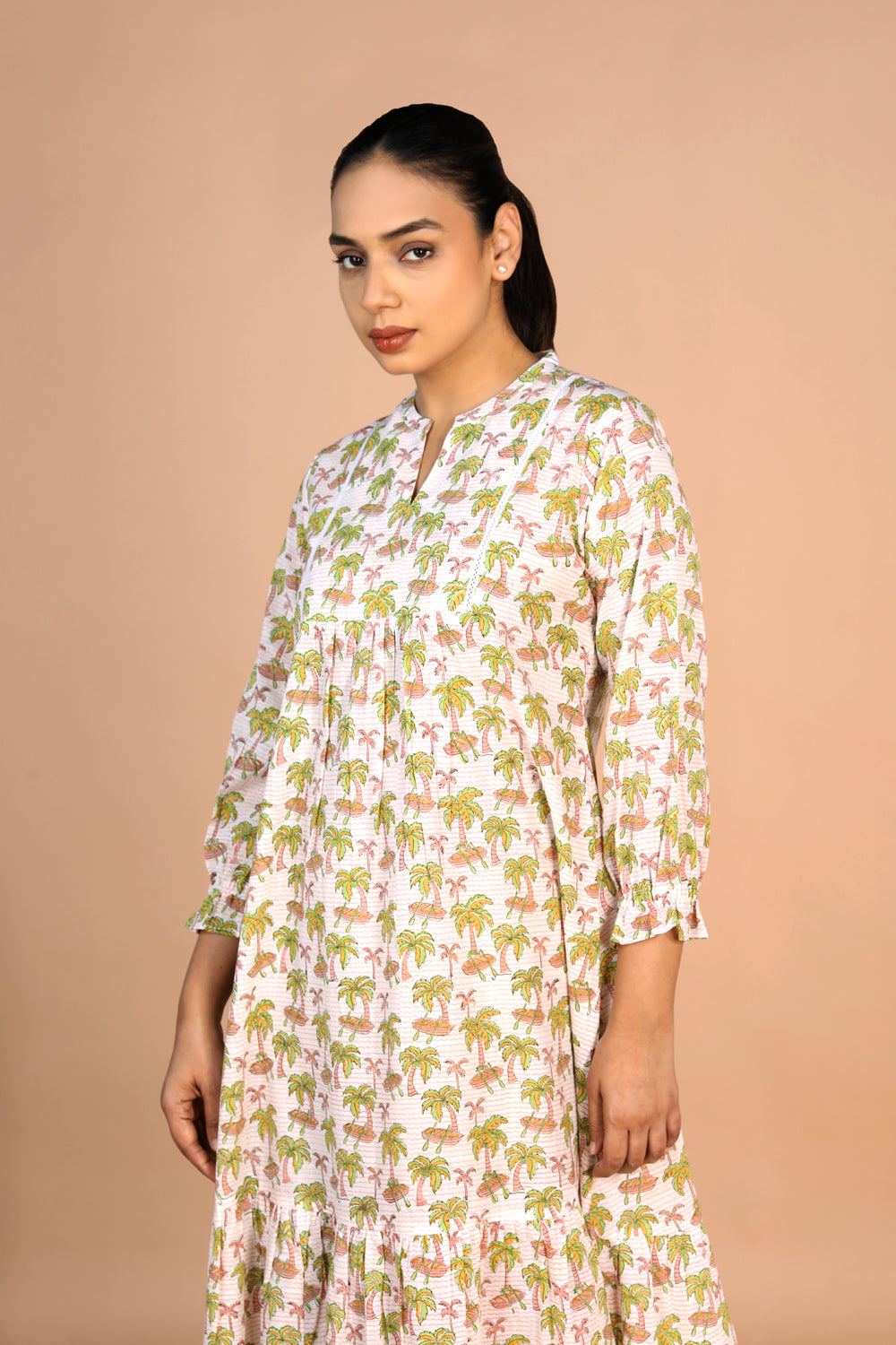 Image of Off - white Cotton Handblock printed Tiered dress