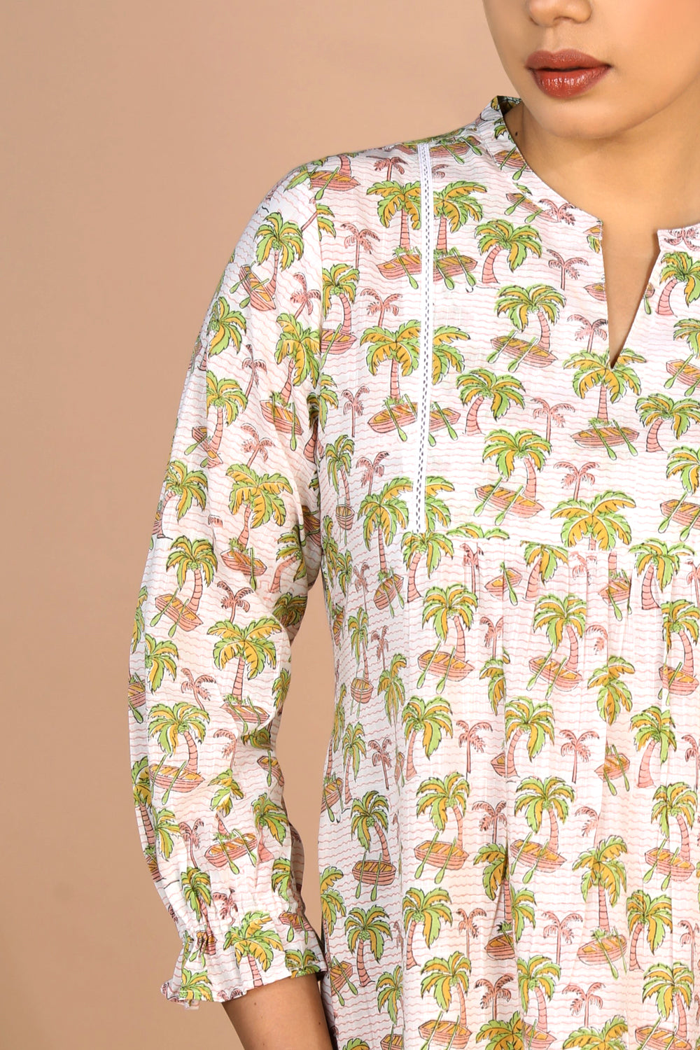 Image of Off - white Cotton Handblock printed Tiered dress