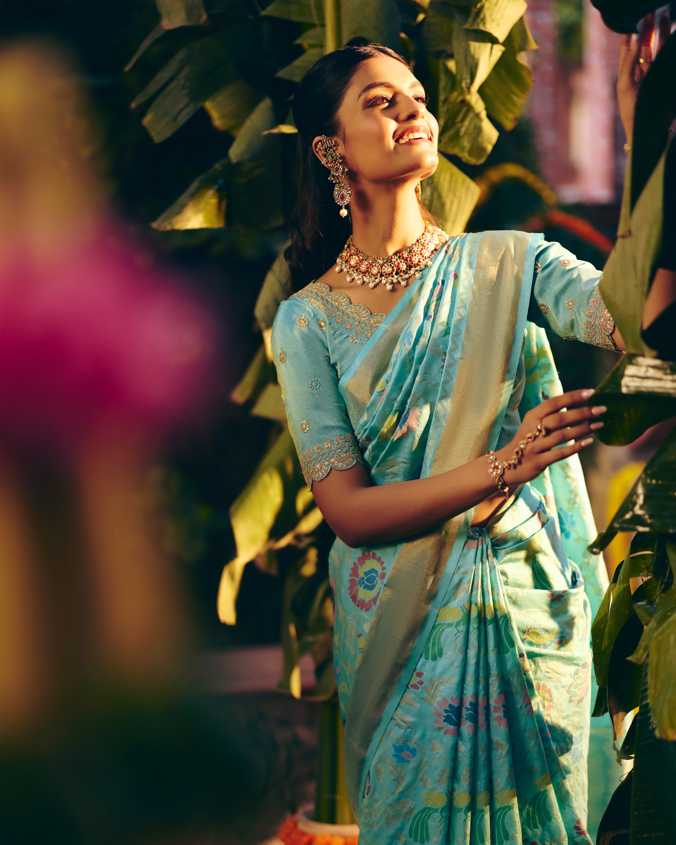 Image of Uppada Silk Turquoise Blue Saree