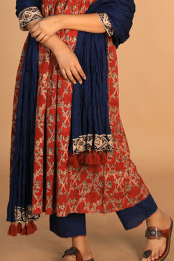 Collection of Maroon and indigo cotton Kalamkari set in a gallery layout