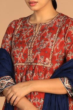 Collection of Maroon and indigo cotton Kalamkari set in a gallery layout