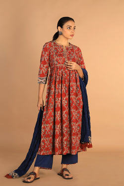 Collection of Maroon and indigo cotton Kalamkari set in a gallery layout