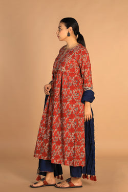 Collection of Maroon and indigo cotton Kalamkari set in a gallery layout