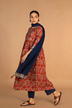 Collection of Maroon and indigo cotton Kalamkari set in a gallery layout