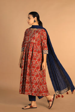 Collection of Maroon and indigo cotton Kalamkari set in a gallery layout