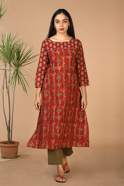 Collection of Block printed cotton Kalamkari kurti in a gallery layout