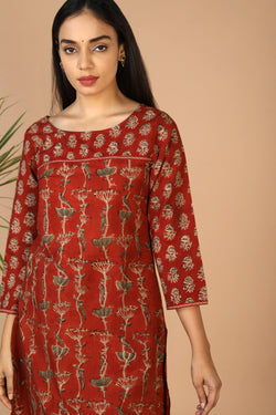 Collection of Block printed cotton Kalamkari kurti in a gallery layout