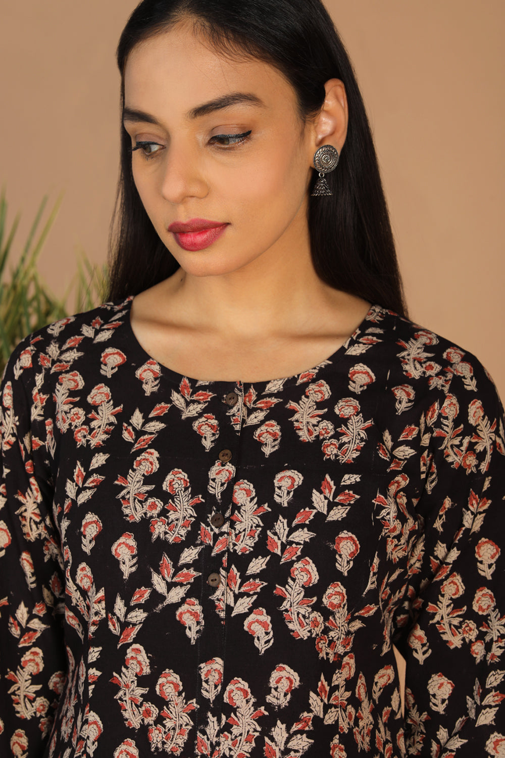 Charcoal black floral cotton Kalamkari kurti