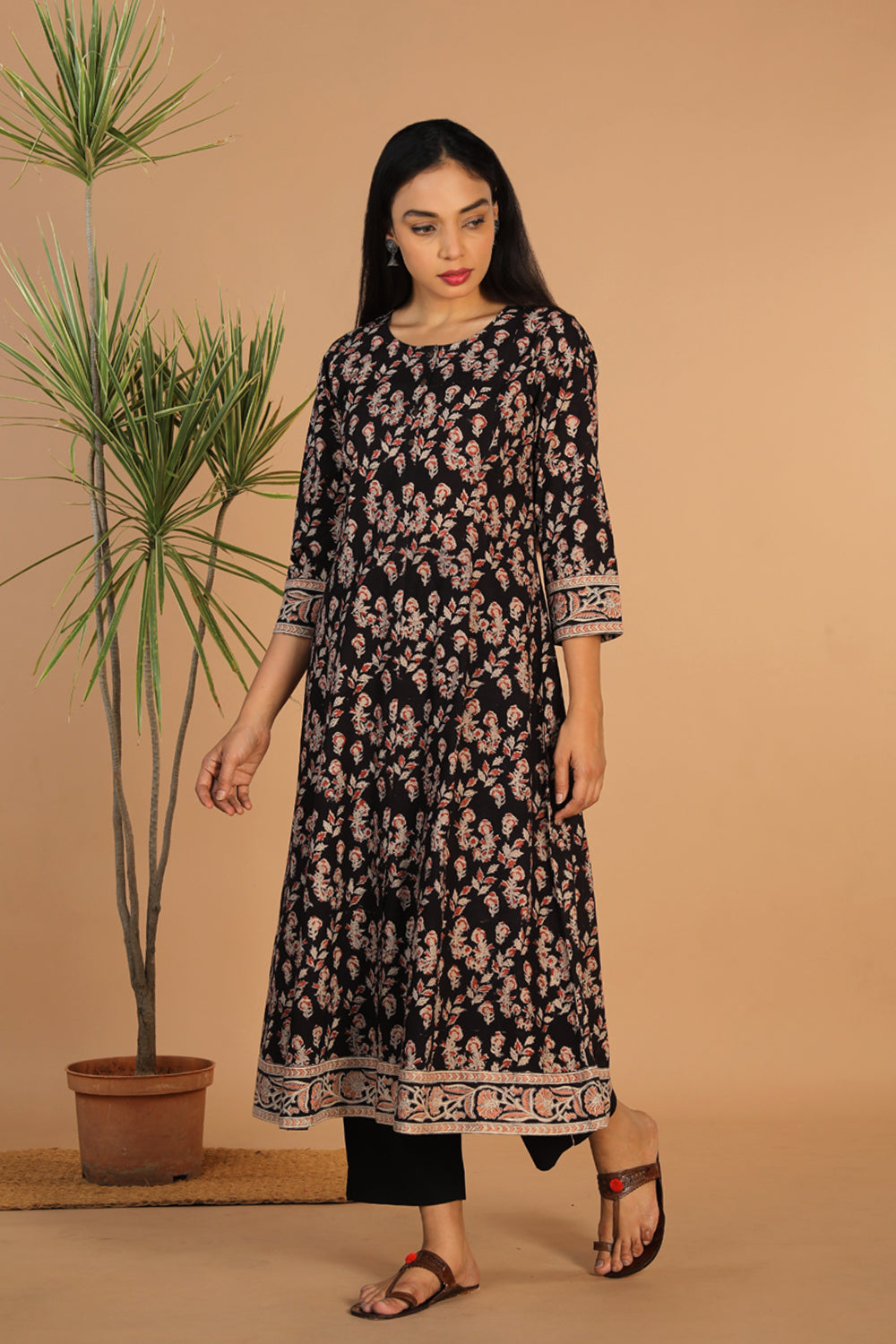 Charcoal black floral cotton Kalamkari kurti