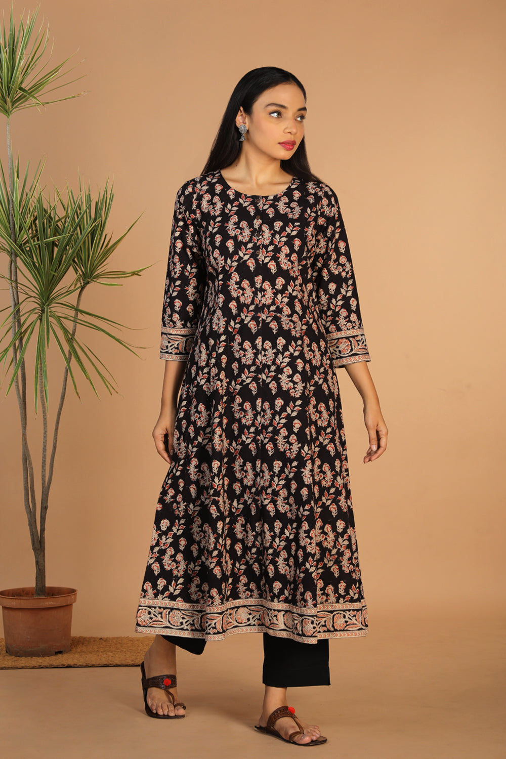 Charcoal black floral cotton Kalamkari kurti