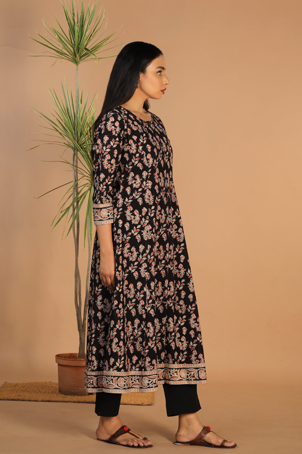 Charcoal black floral cotton Kalamkari kurti