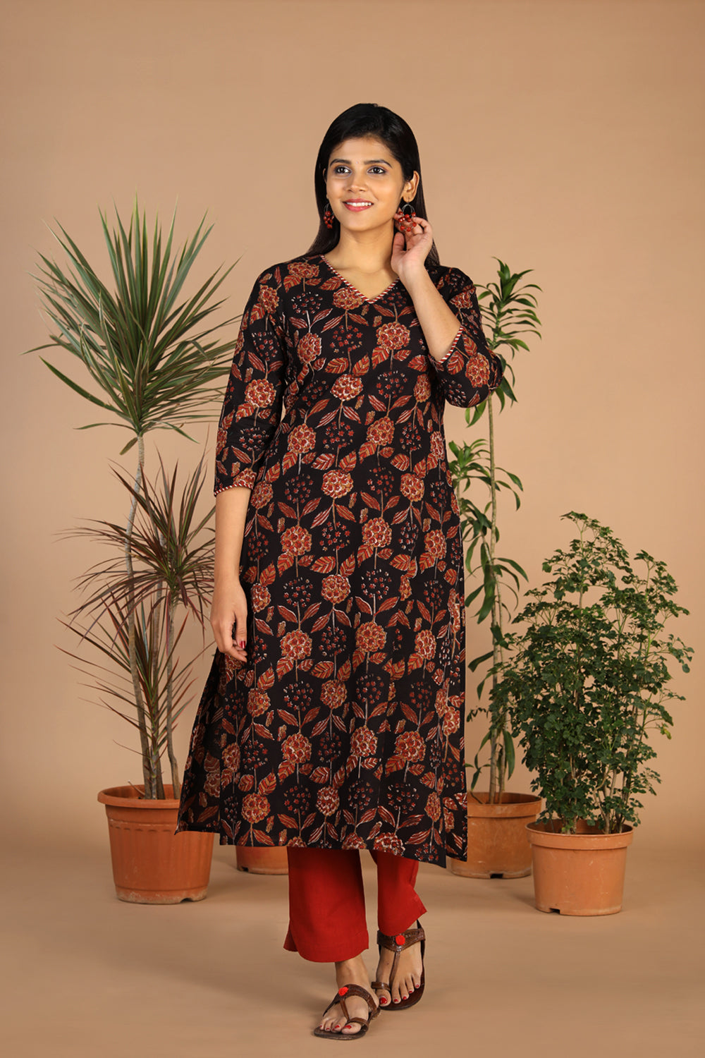 Collection of Deep black cotton bagru kurti in a gallery layout