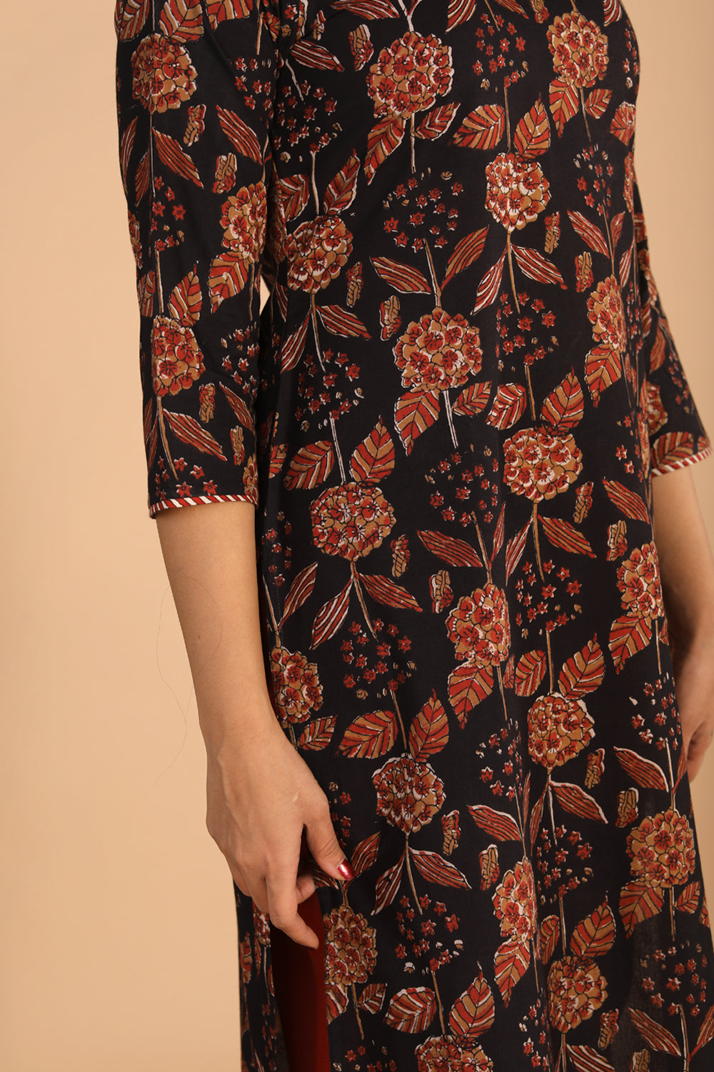 Collection of Deep black cotton bagru kurti in a gallery layout