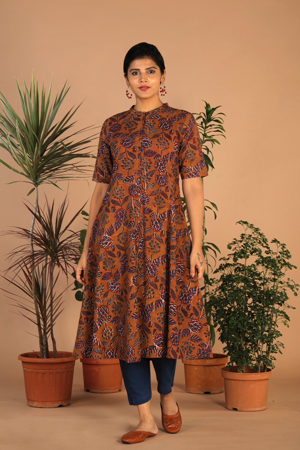 Ochre yellow cotton bagru kurti