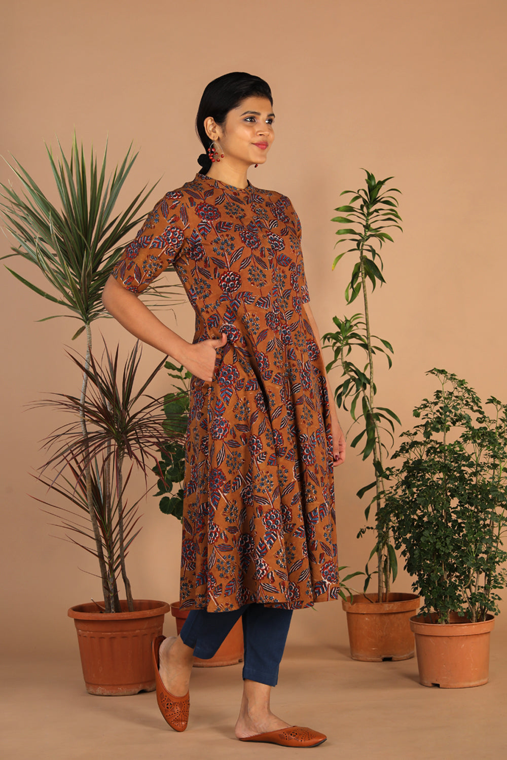 Ochre yellow cotton bagru kurti