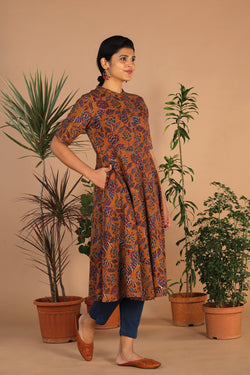 Image of Ochre yellow cotton bagru kurti