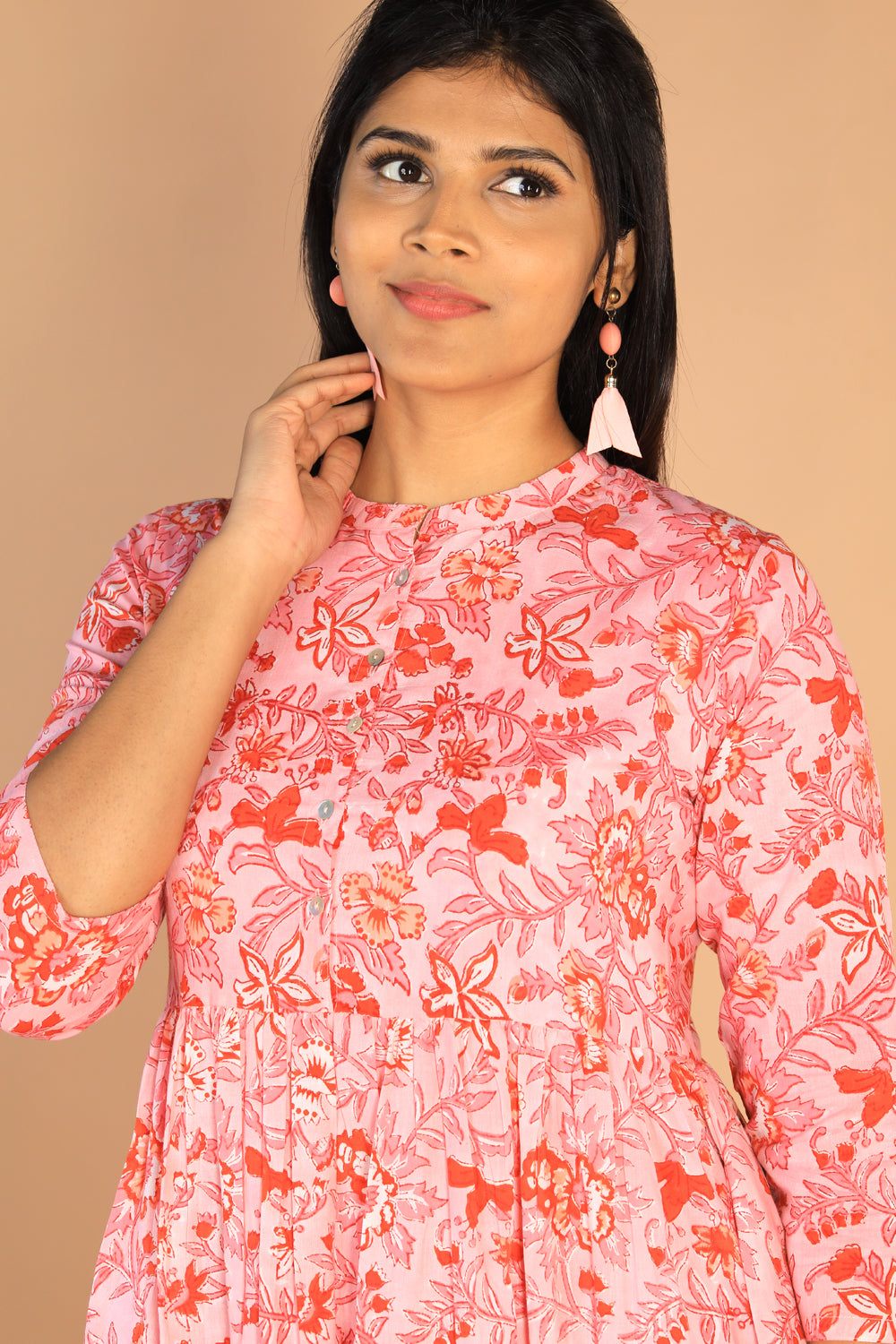 Collection of Floral Sanganeri hand block printed cotton dress in a gallery layout