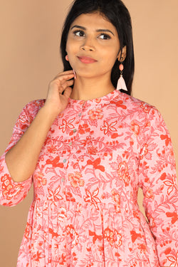 Collection of Floral Sanganeri hand block printed cotton dress in a gallery layout