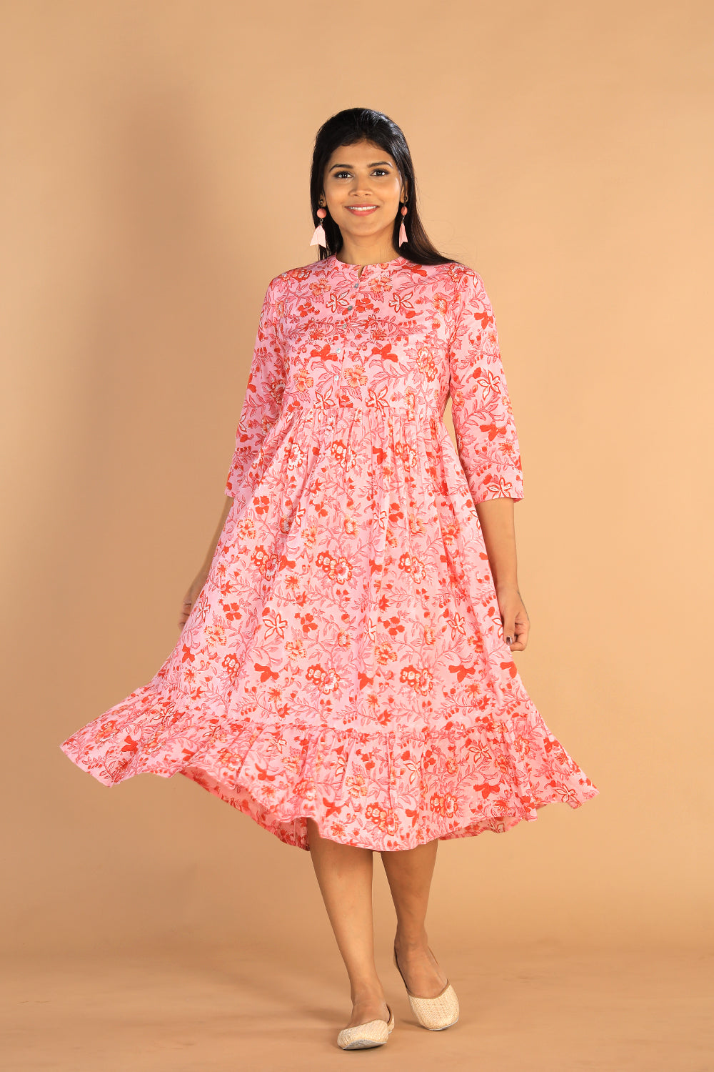 Collection of Floral Sanganeri hand block printed cotton dress in a gallery layout