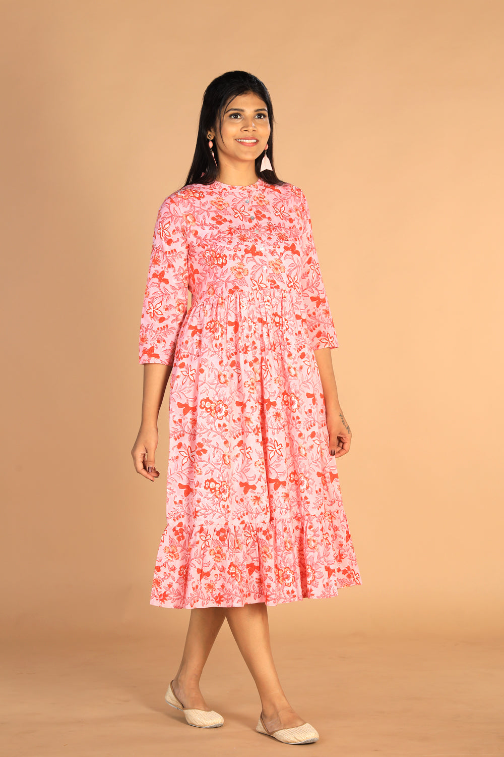 Collection of Floral Sanganeri hand block printed cotton dress in a gallery layout