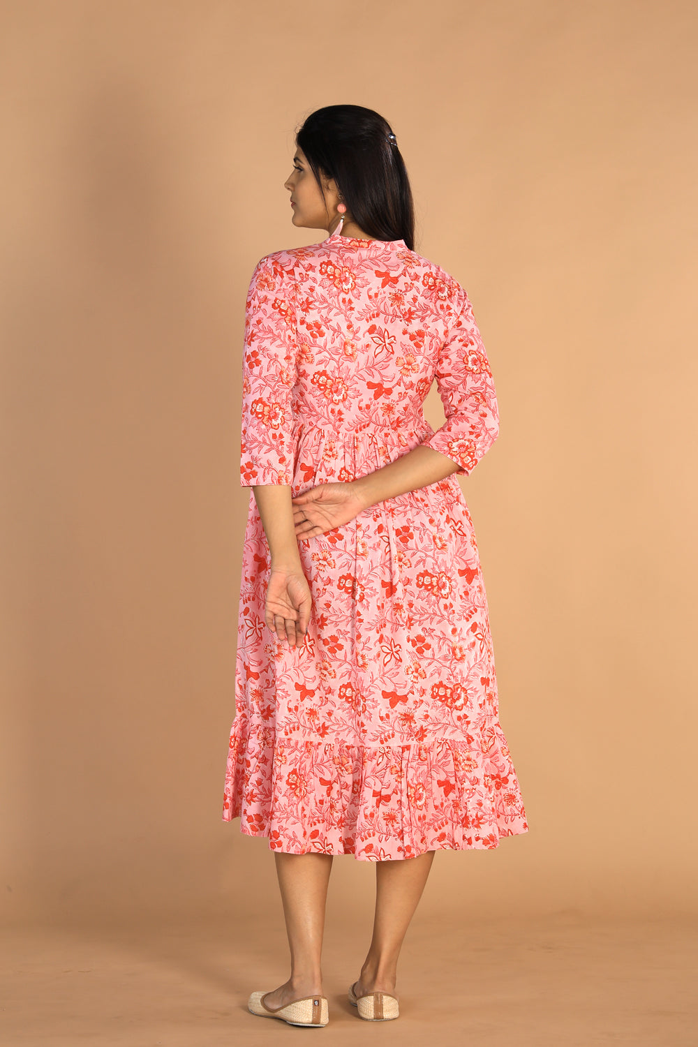 Collection of Floral Sanganeri hand block printed cotton dress in a gallery layout