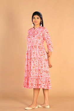 Collection of Floral Sanganeri hand block printed cotton dress in a gallery layout