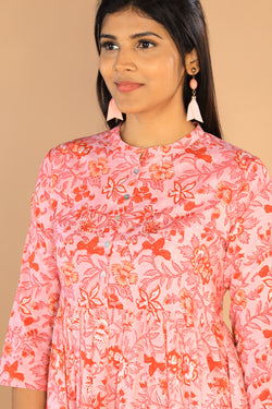 Collection of Floral Sanganeri hand block printed cotton dress in a gallery layout