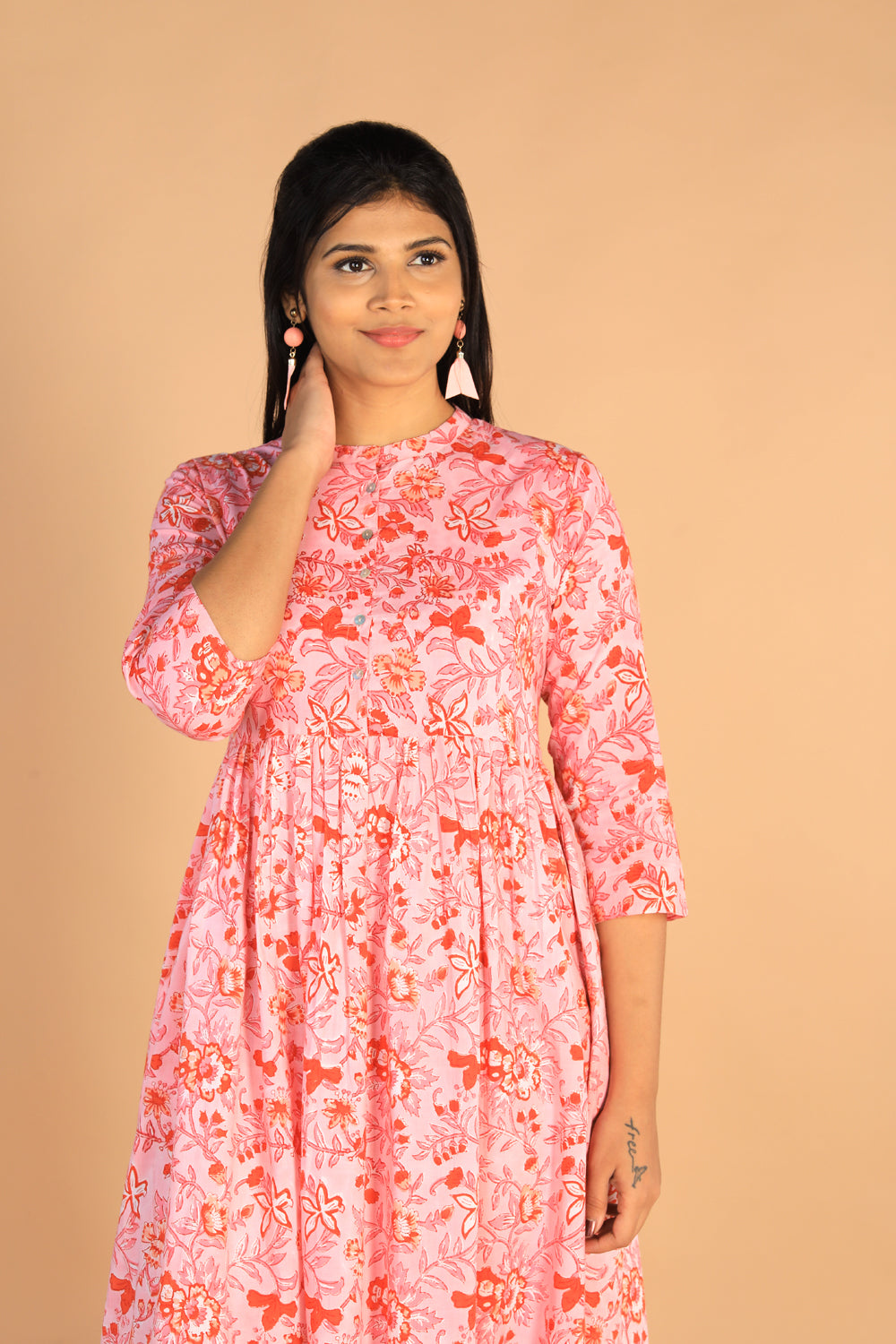 Collection of Floral Sanganeri hand block printed cotton dress in a gallery layout