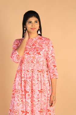 Collection of Floral Sanganeri hand block printed cotton dress in a gallery layout