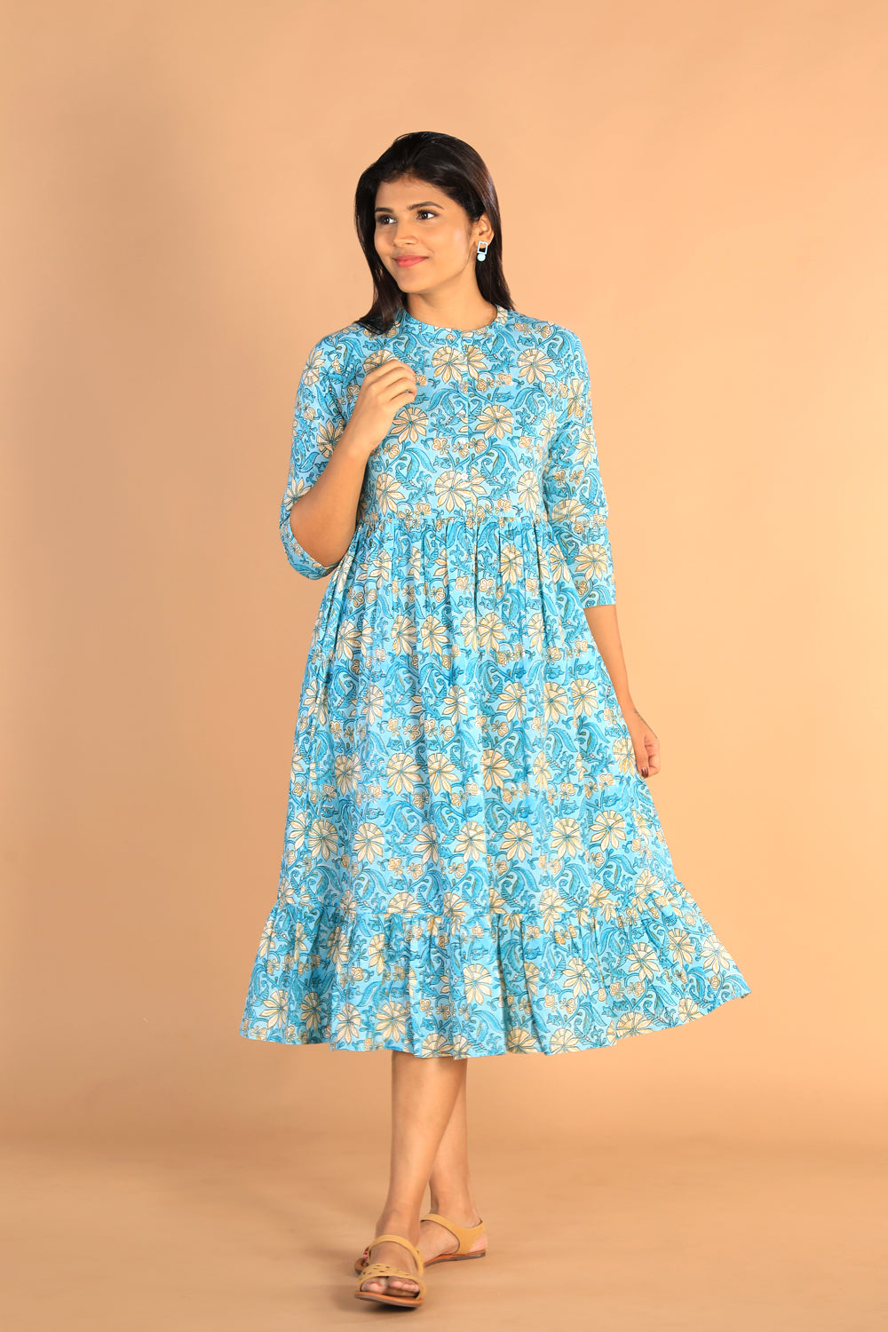 Collection of Floral Sanganeri hand block printed cotton dress in a gallery layout