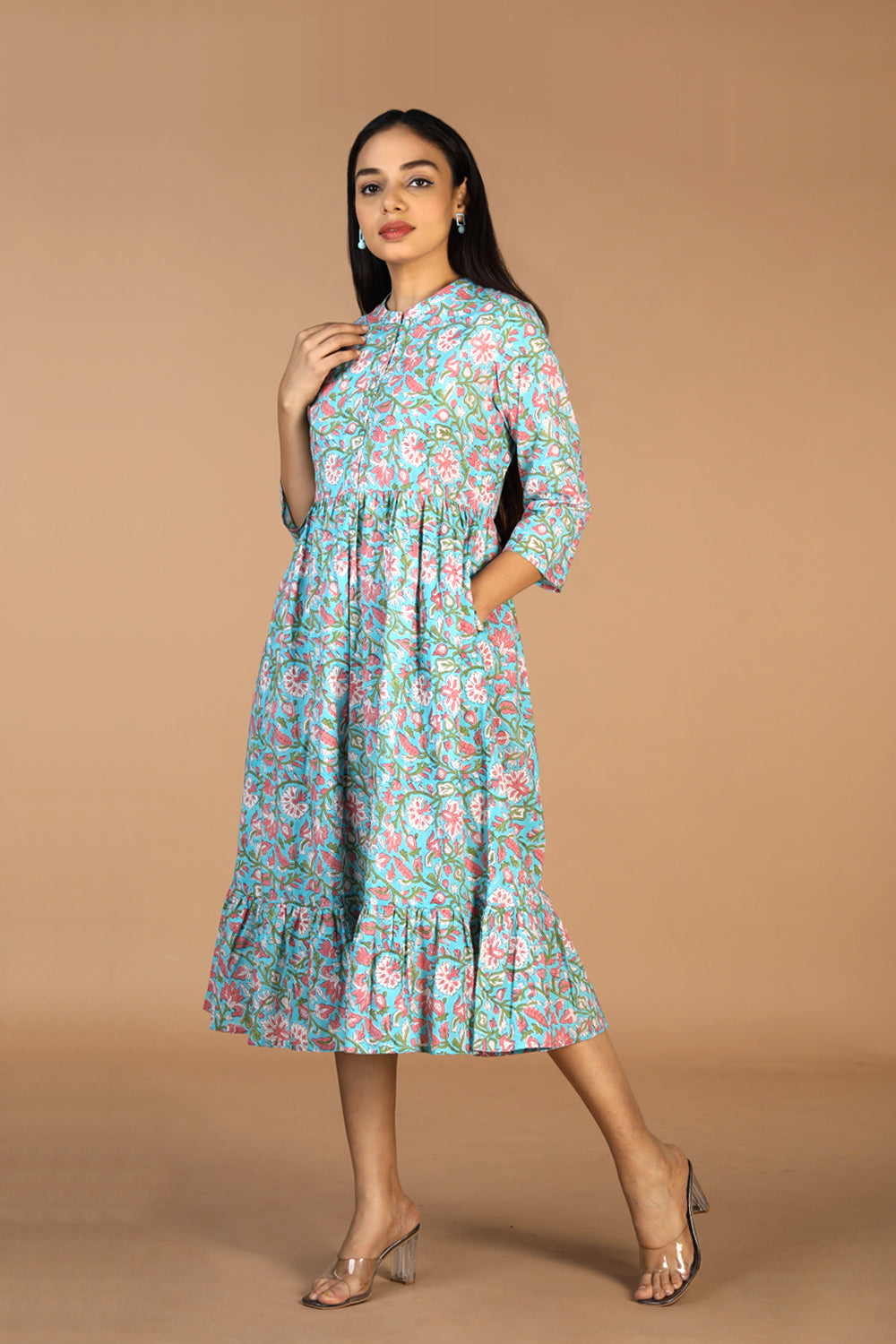 Collection of Floral Sanganeri hand block printed cotton dress in a gallery layout