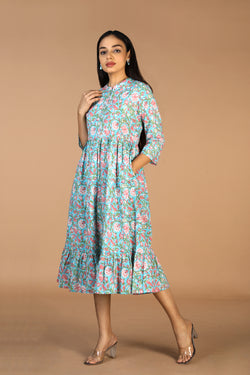 Collection of Floral Sanganeri hand block printed cotton dress in a gallery layout