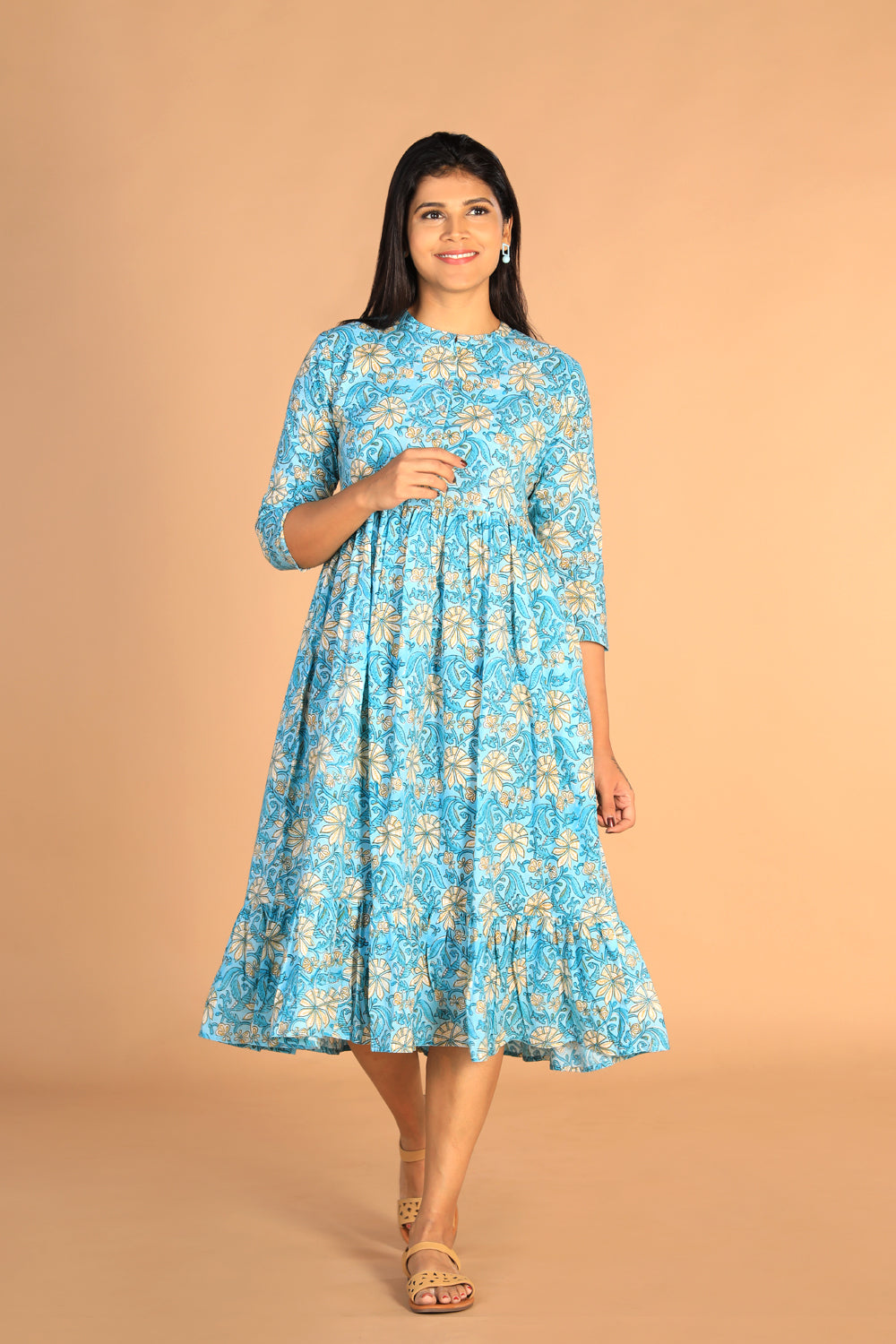 Collection of Floral Sanganeri hand block printed cotton dress in a gallery layout