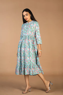 Collection of Floral Sanganeri hand block printed cotton dress in a gallery layout