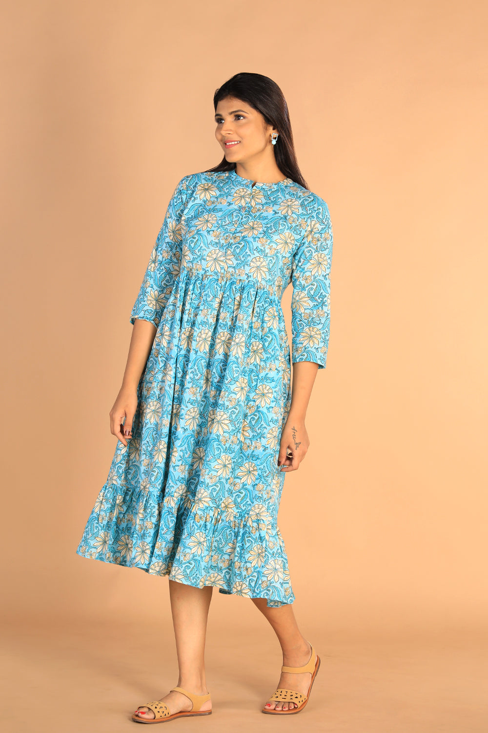 Collection of Floral Sanganeri hand block printed cotton dress in a gallery layout