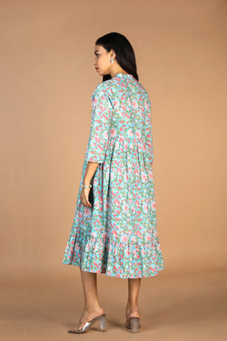 Collection of Floral Sanganeri hand block printed cotton dress in a gallery layout