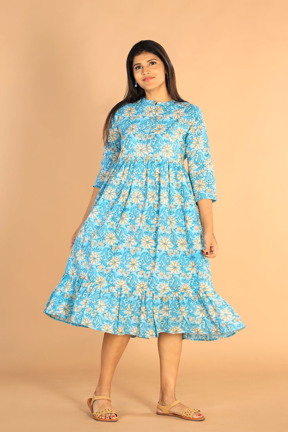 Collection of Floral Sanganeri hand block printed cotton dress in a gallery layout